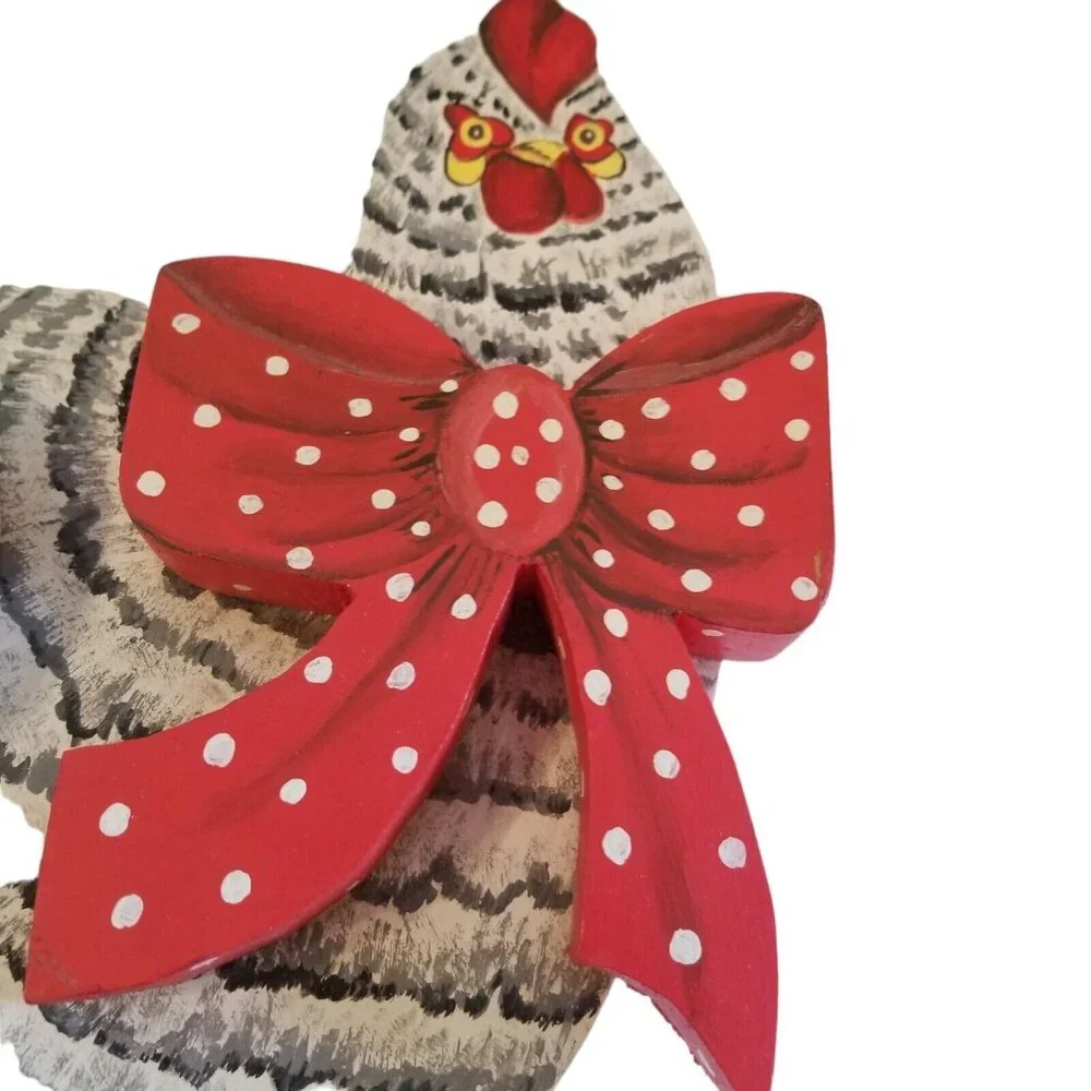 Handmade Wooden Chicken Wall Hanging Farmhouse Hen Red Polka Dot Bow White Black